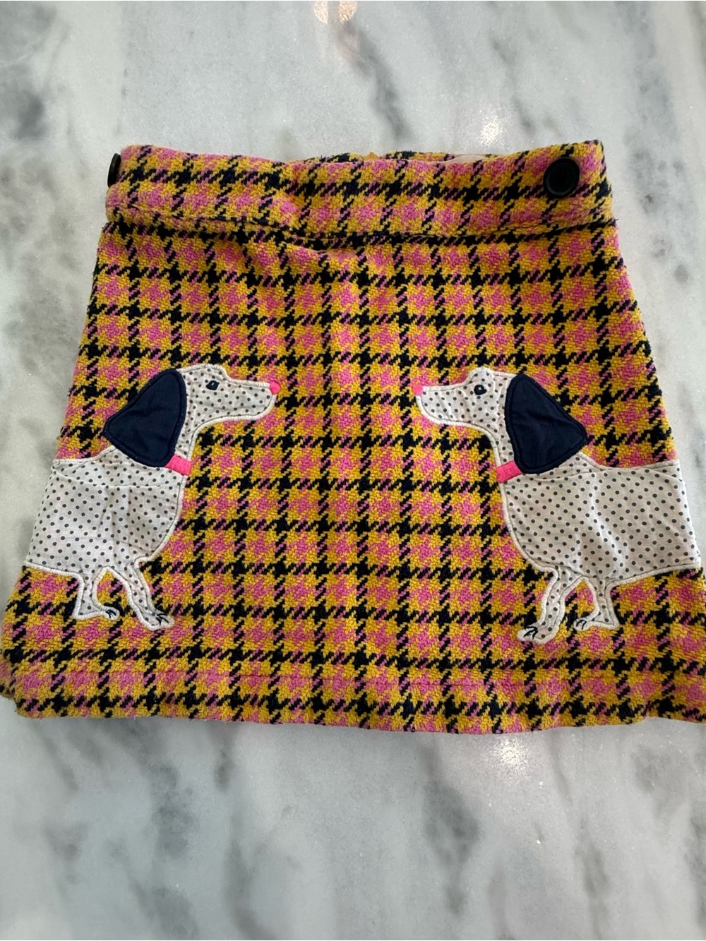 Mini Boden Pink, Yellow & Black Plaid Skirt with Dog Appliqués